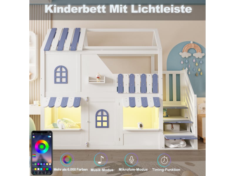  Lit d'enfant superposé 90x200 cm design maison avec fenêtres, toit, garde-corps et porte, échelle de rangement, led et étagères, blanc et bleu ABC - Conforama E