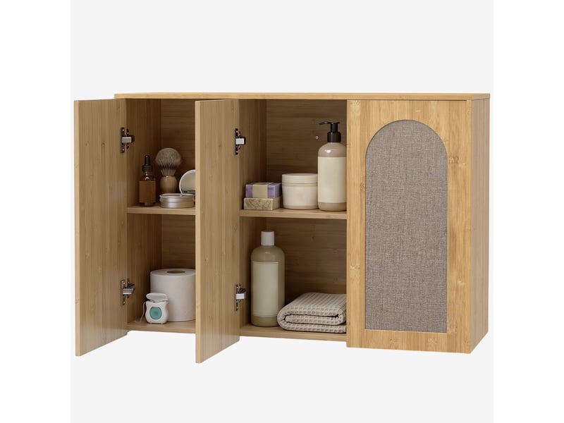  Armoire murale de salle de bain bohème avec 3 portes effet rotin à fermeture douce et étagère réglable, chêne  - Conforama B