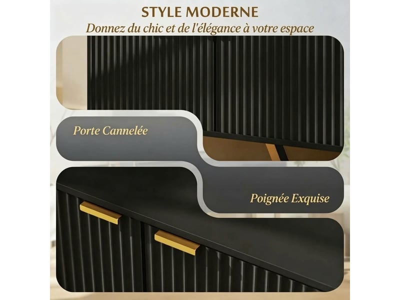  Meuble tv noir 140 cm avec 2 portes nervurées et rangement multimédia, pour tv jusqu'à 70 pouces  - Conforama D