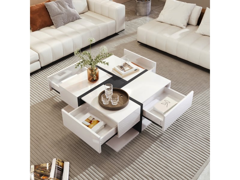  Table basse brillante - 4 tiroirs, combinaison de couleurs et design linéaire uniques, espace de rangement en dessous.78x78x36cm  - Conforama E