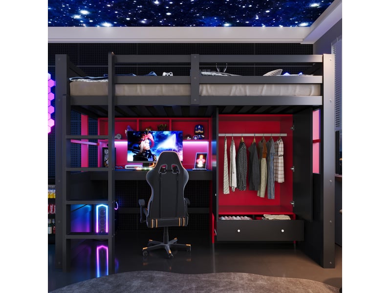  Lit mezzanine 90x200 cm avec bureau, armoire, tiroirs, led et prises noir et rouge  - Conforama B