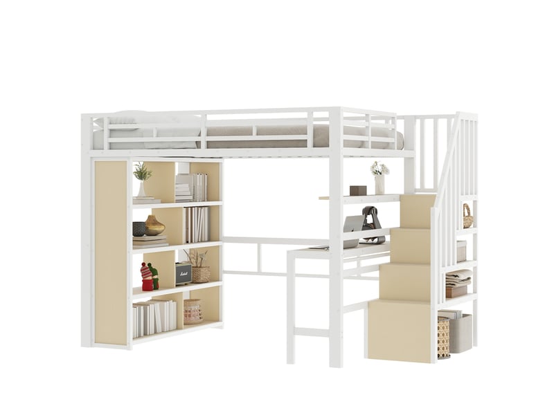  Lit mezzanine métal blanc 140x200 cm avec bureau led rangement escalier  - Conforama D