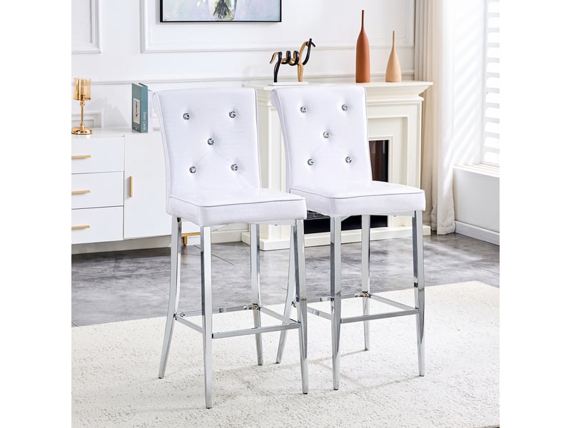  Tabourets de bar lot de 2 avec dossier haut capitonné et repose-pieds - lpospi - pieds chromés, pvc blanc  - Conforama C