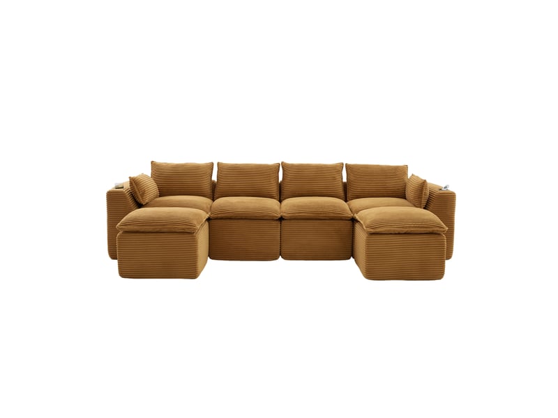  Canapé modulable compression d'angle en u,322x161x75cm,velours côtelé,canapé 4 places avec 2 poufs,porte-gobelets,poches latérales,sans montage,orange  - Conforama A