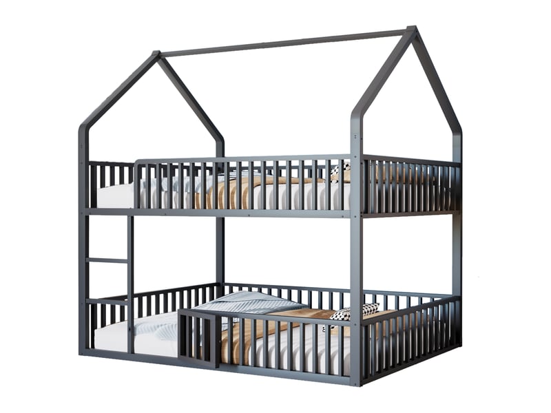  Lit superposé enfant 140 x 200 cm en métal noir avec échelle et porte ouvrante  - Conforama A