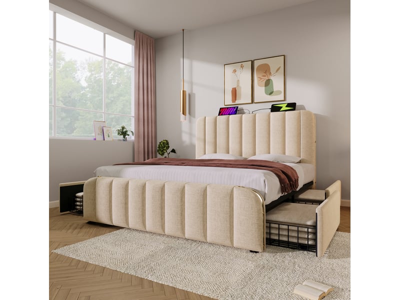  Lit double 160 x 200 cm beige en lin avec matelas, 4 tiroirs et ports usbtype-c  - Conforama D