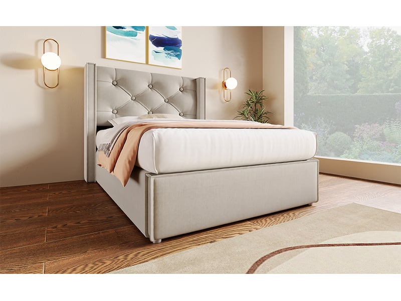  Lit simple 90x200 cm,tête de lit capitonnée à boutons, coffre hydraulique, sommier à lattes et cadre, coton,gris clair  - Conforama B
