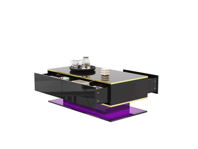  Table basse moderne 100x50x40 cm avec led, 3 tiroirs, finition brillante, pour salon, panneau de particules, noir et or  - Conforama A