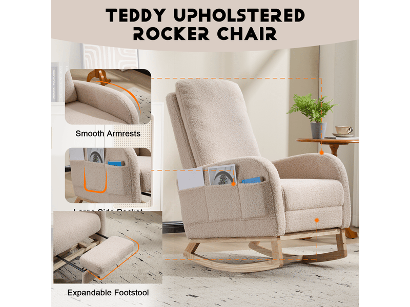 Fauteuil à bascule ergonomique beige, en polaire douce et confortable, avec dossier haut, base en bois incurvée - Conforama E