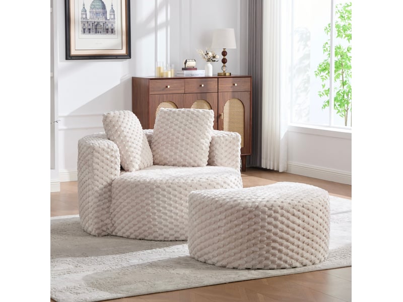 Fauteuil en mousse 1 place beige avec repose-pieds en tissu fausse fourrure - Conforama D