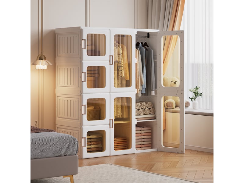  Armoire pliable 12 compartiments - 104x50x136cm - penderie modulaire 8 portes 2 zones suspendues avec portes magnétiques - blanc  - Conforama D