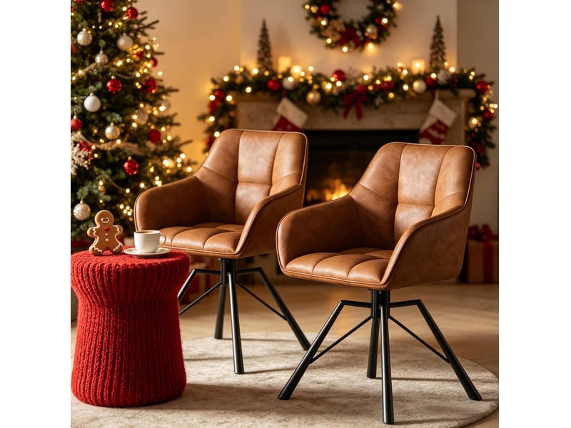 Chaise de salle à manger pivotante 360 degrés avec accoudoirs et dossier, lot de 2, en similicuir marron clair - Conforama E