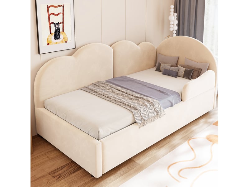  Lit gigogne modenvie en l 90 x 200 cm avec tête de lit forme nuage, velours beige  - Conforama D