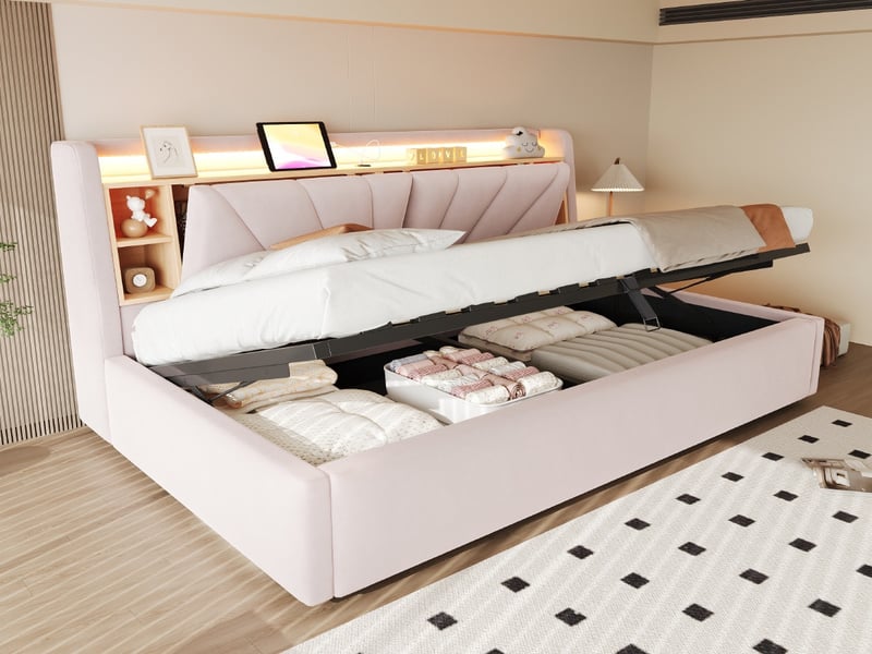  Lit coffre, 90 x 200 cm, dossier avec étagère et compartiment de rangement, éclairage led et port de charge, velours, rose  - Conforama B