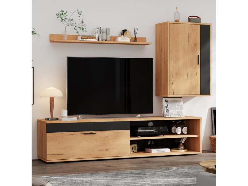  Meuble tv avec meuble mural, étagère murale, 2 portes à fermeture amortie et rangements pour salon, chêne et noir  - Conforama D