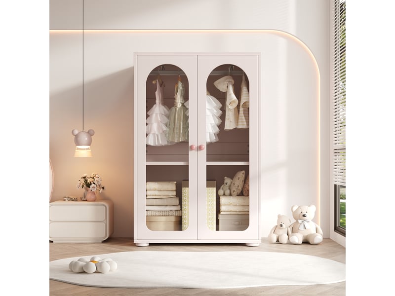  Armoire enfant 80x50x120 cm, 2 portes transparentes en acrylique, penderie à tringle, étagères réglables, poignées en céramique, mdf peint rose clair  - Conforama D
