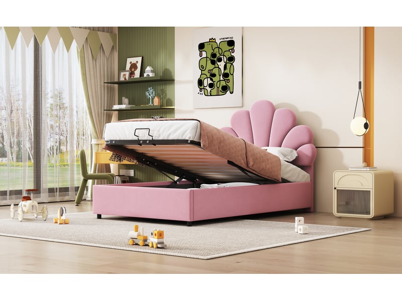 Lit coffre 90x200 cm, revêtement en velours, coloris rose, coffre hydraulique, tête de lit réglable, tête de lit florale, sommier à lattes inclus - Conforama E