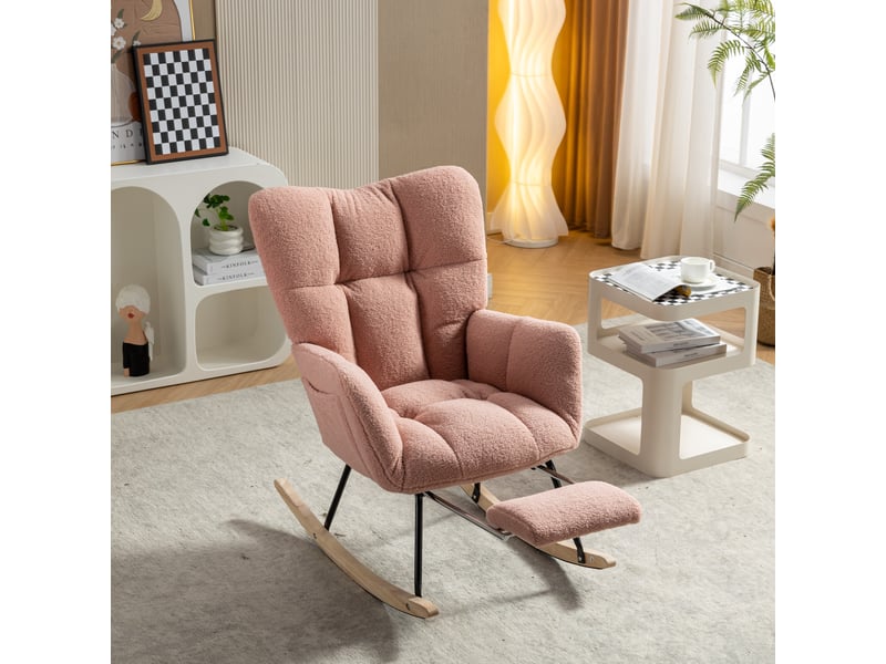 Fauteuil à bascule moderne rembourré en tissu teddy avec repose-pieds, rose - Conforama B