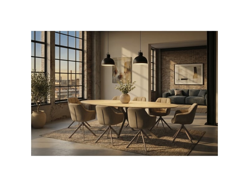 Table de salle à manger avelis ovale 220 cm en céramique beige et métal marron style contemporain - Conforama E