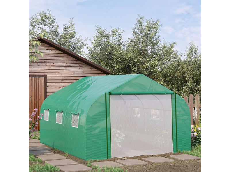  Serre tunnel de jardin grande 3.5 x 3 x 2 m - 6 fenêtres et porte zippée enroulable - acier galvanisé pe haute densité vert  - Conforama C