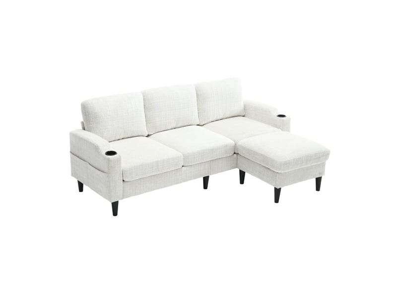  Canapé droit 4 places avec pouf coffre, porte-gobelets et poches latérales, en tissu beige, 196,5 × 75 × 77 cm  - Conforama A