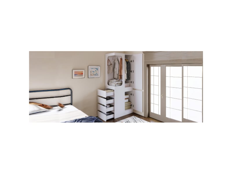 Garde-robe blanche 70 x 40 x 170 cm – porte unique, tiroirs et rangements, penderie ouverte - Conforama E