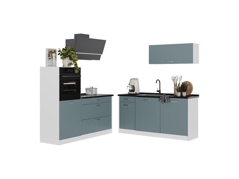  Vicco cuisine, bleu-grisblanc, 160cm plan de travail chêne doré  - Conforama E