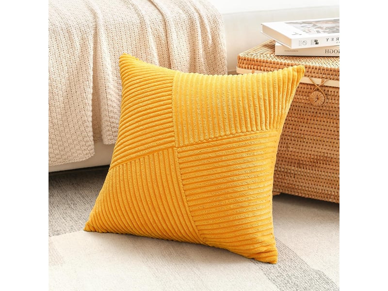  Lot de 1 housse de coussin 40 x 40 cm en velours côtelé, housse coussins patchwork à rayures pinwheel doux taies d'oreiller décoratives pour lit canapé, jaune  - Conforama C