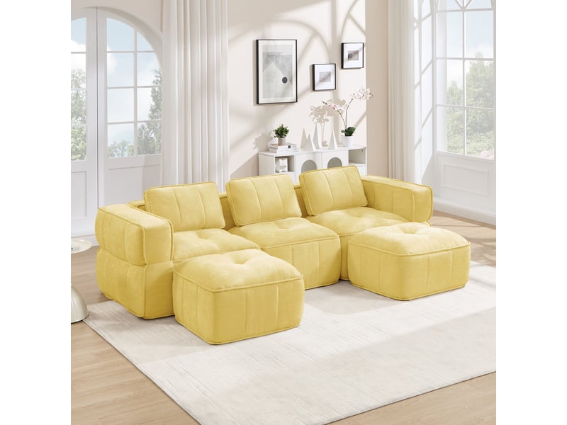 Canapé d'angle modulable 3 places en polyester, forme u avec 2 poufs, jaune - Conforama D