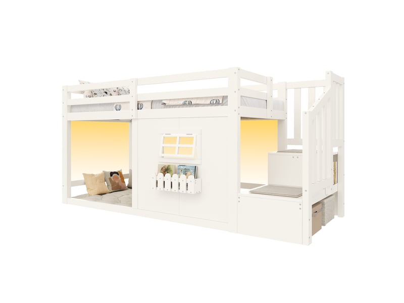 Lit mezzanine enfant tcqpz 90 x 200 cm escalier de rangement led fenêtre blanc - Conforama A