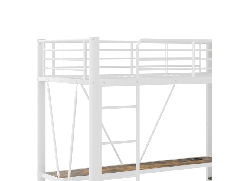  Lit mezzanine 90x200 cm avec bureau, 4 tiroirs et led, métal et mdf, blanc, sans matelas  - Conforama E