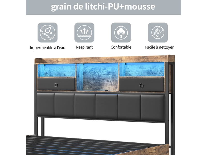 Lit 160x200 avec rangement , tête de lit multifonction avec led, usb et coffre, structure métallique en style industriel, sans matelas  - Conforama E