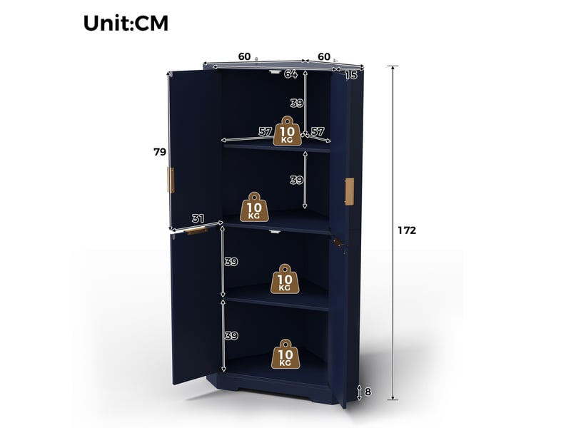  Armoire d’angle 60x60x172 cm bleue avec 4 portes et étagères réglables  - Conforama C
