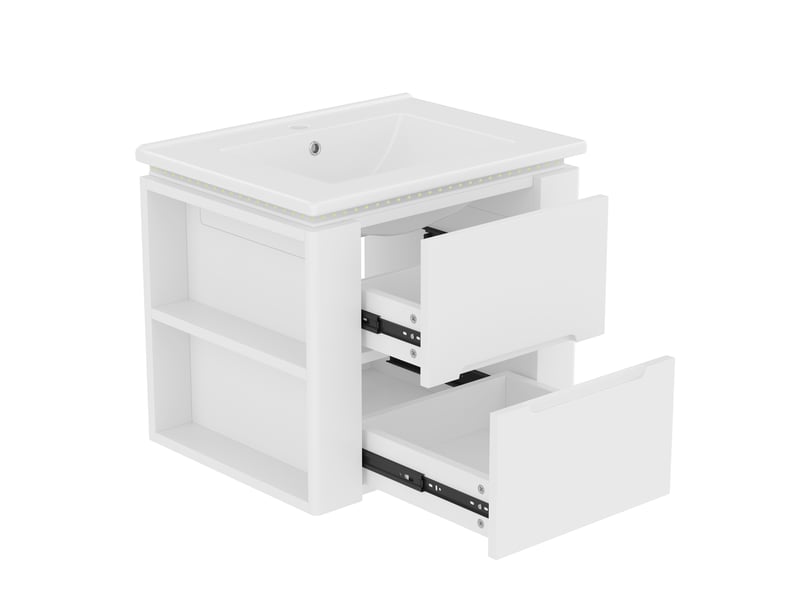 Meuble vasque mural salle de bain blanc 61 cm avec lavabo intégré, led radar et 2 tiroirs silencieux - Conforama D
