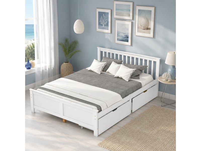  Lit double 140x200 cm avec 2 tiroirs de rangement, pin et mdf, blanc classique  - Conforama B