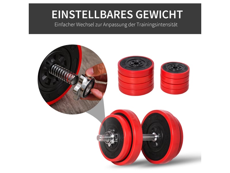 Set d'haltères et barre 20 kg 21,5x21,5x3,8 cm réglable métal rouge noir - Conforama D