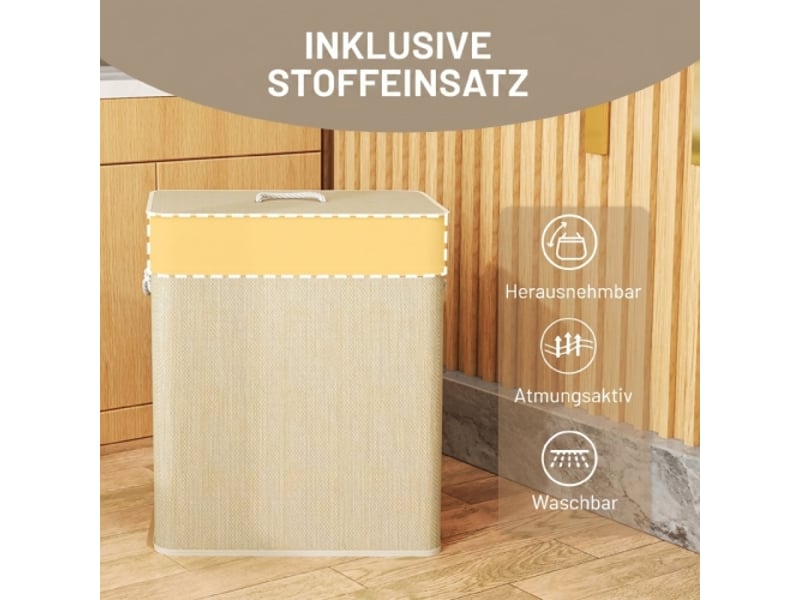  Panier à linge en bambou 100 l avec couvercle, 2 compartiments, poignées en corde et sac amovible  - Conforama D