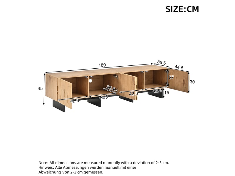  Meuble tv 4 portes, 4 rangements fermés à ouverture par pression, pieds noirs, salon, mdf naturel 180 × 38,5 × 45 cm  - Conforama C