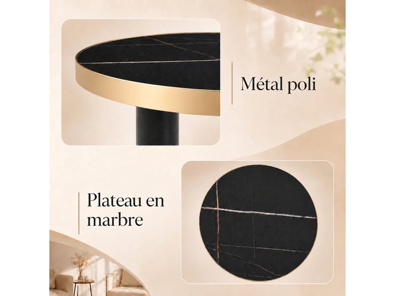 Table d'appoint ronde, plateau effet marbre noir avec bordure en métal doré, structure en métal noir, ø 60 cm  - Conforama E