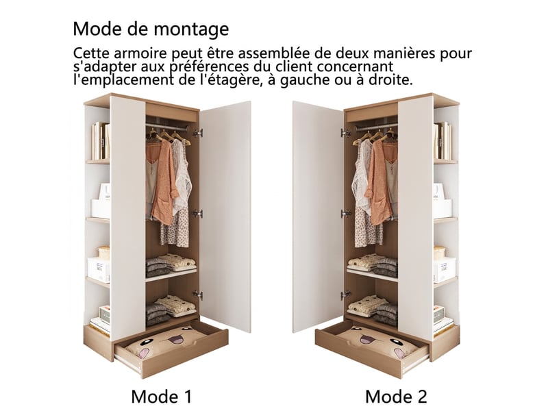  Armoire 1 porte blanche et bois naturel 70x40x170 cm avec étagères et tiroirs, meuble de rangement chambre  - Conforama E