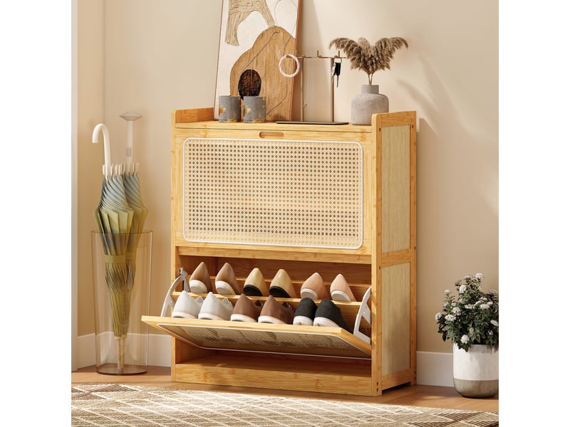  Étagère à chaussures étroite en bambou avec 2 tiroirs rabattables en rotin pour 12 à 14 paires de chaussures, 69 x 29 x 83 cm, naturel  - Conforama B