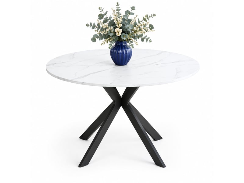  Table de salle à manger ronde en mdf effet marbre, piètement croisé en métal noir, pour cuisine et salon, diamètre 110 cm  - Conforama A