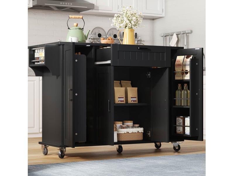 Îlot de cuisine pliable 120x70x95 cm en mdf noir, 4 portes, 1 tiroir, roulettes - Conforama E