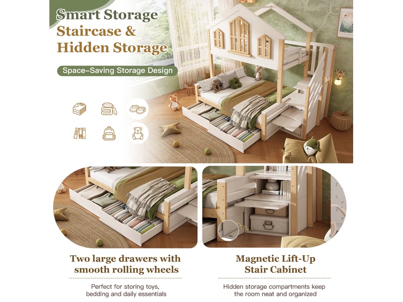  Lit superposé maison 90x200 et 140x200 cm avec rangements blanc et bois naturel  - Conforama E
