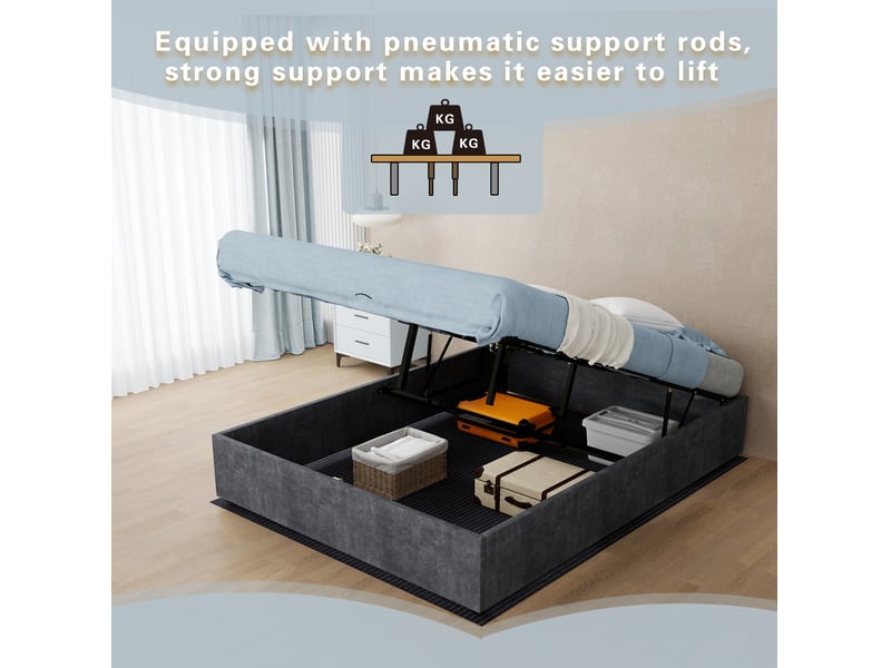  Lit adulte 140 × 200 cm 2 places avec vérin à gaz, dossier réglable, sans matelas, en velours gris  - Conforama E