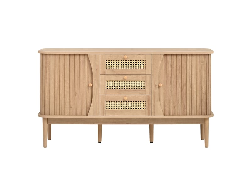  Buffet bas 3 tiroirs et portes coulissantes 141x40x77 cm mdf naturel  - Conforama E