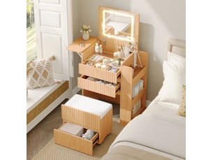 Coiffeuse 79x40x120 cm avec miroir led rabattable et tabouret à roulettes coloris naturel