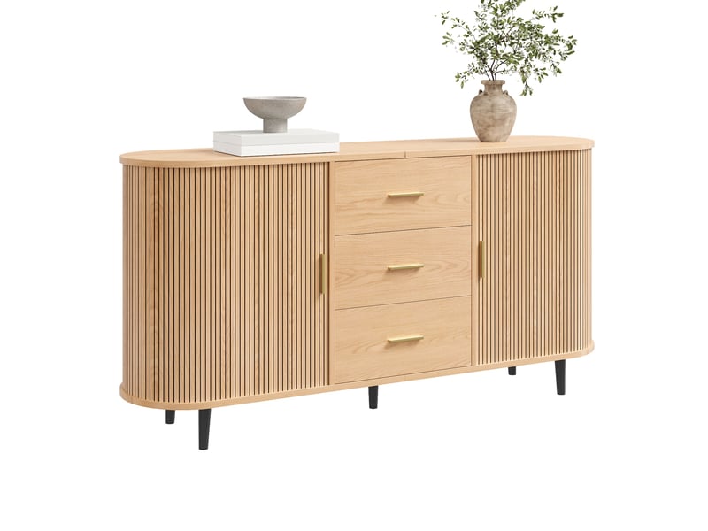  Buffet 160x40x80,5 cm, meuble rangement courbé avec 3 tiroirs, portes coulissantes, rainures verticales, pieds fer, mdf, naturel Sol Morn - Conforama A