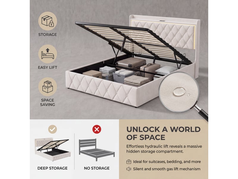  Lit coffre 140x190 avec led et usb, lit 2 places avec rangement lit double rembourré avec tête de lit capitonné lit hydraulique avec sommier à lattes lit 2 personnes beige velours, sans matelas  - Conforama W