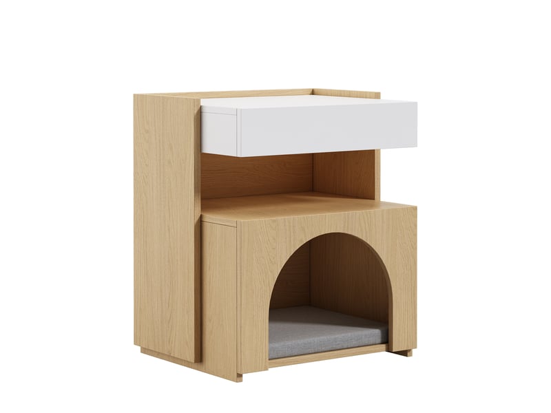 Table de chevet moderne avec niche intégrée et éclairage LED, 47 x 39 x 58 cm, panneau de particules, blanc et bois naturel - Conforama W